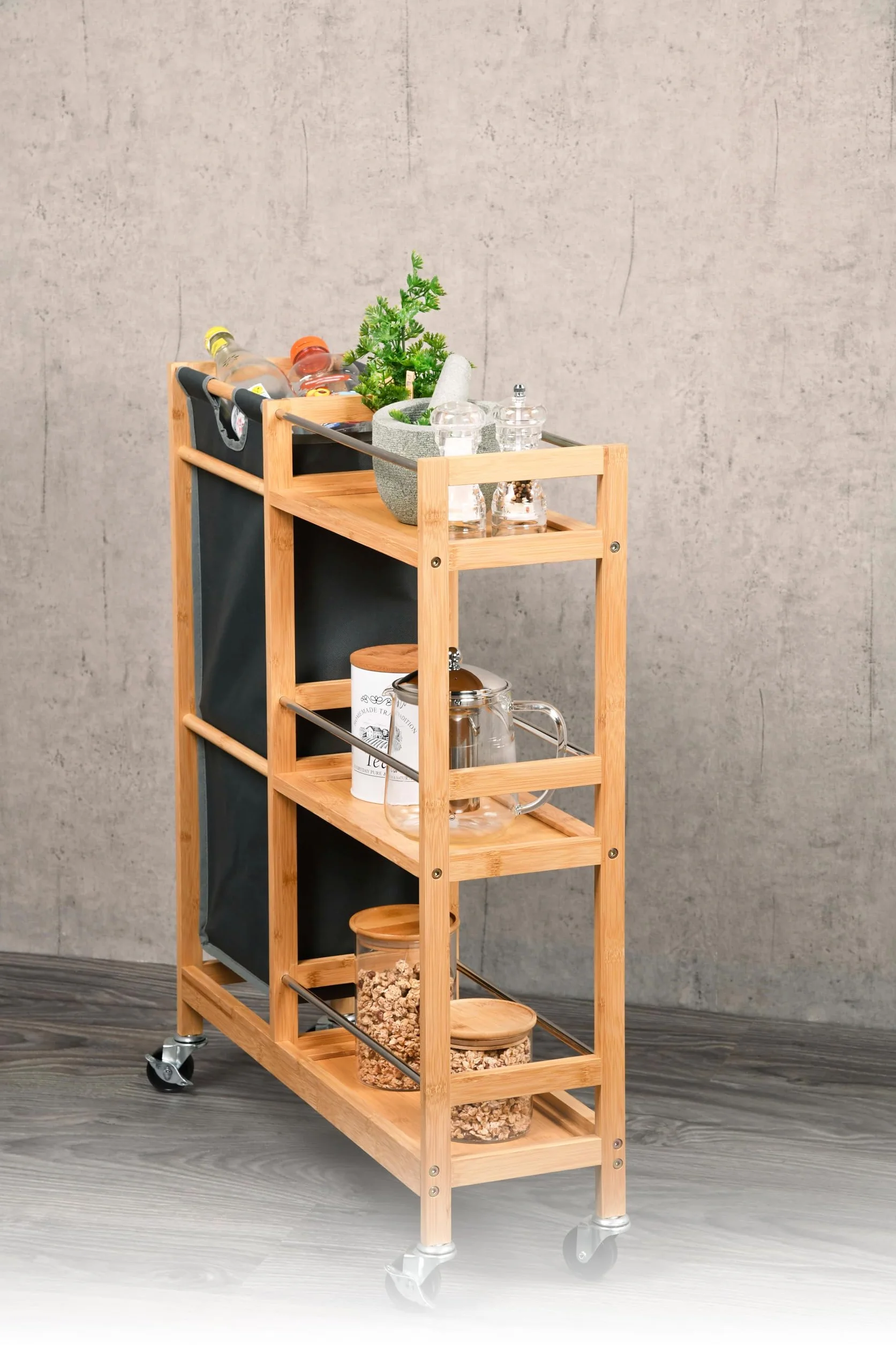 Kesper | Regał wnękowy na kółkach z pojemnikiem na butelki, materiał: bambus, poliester, wymiary: szer. 20 cm, wys. 78 cm, gł. 68 cm, kolor: naturalny, szary | 24857 13