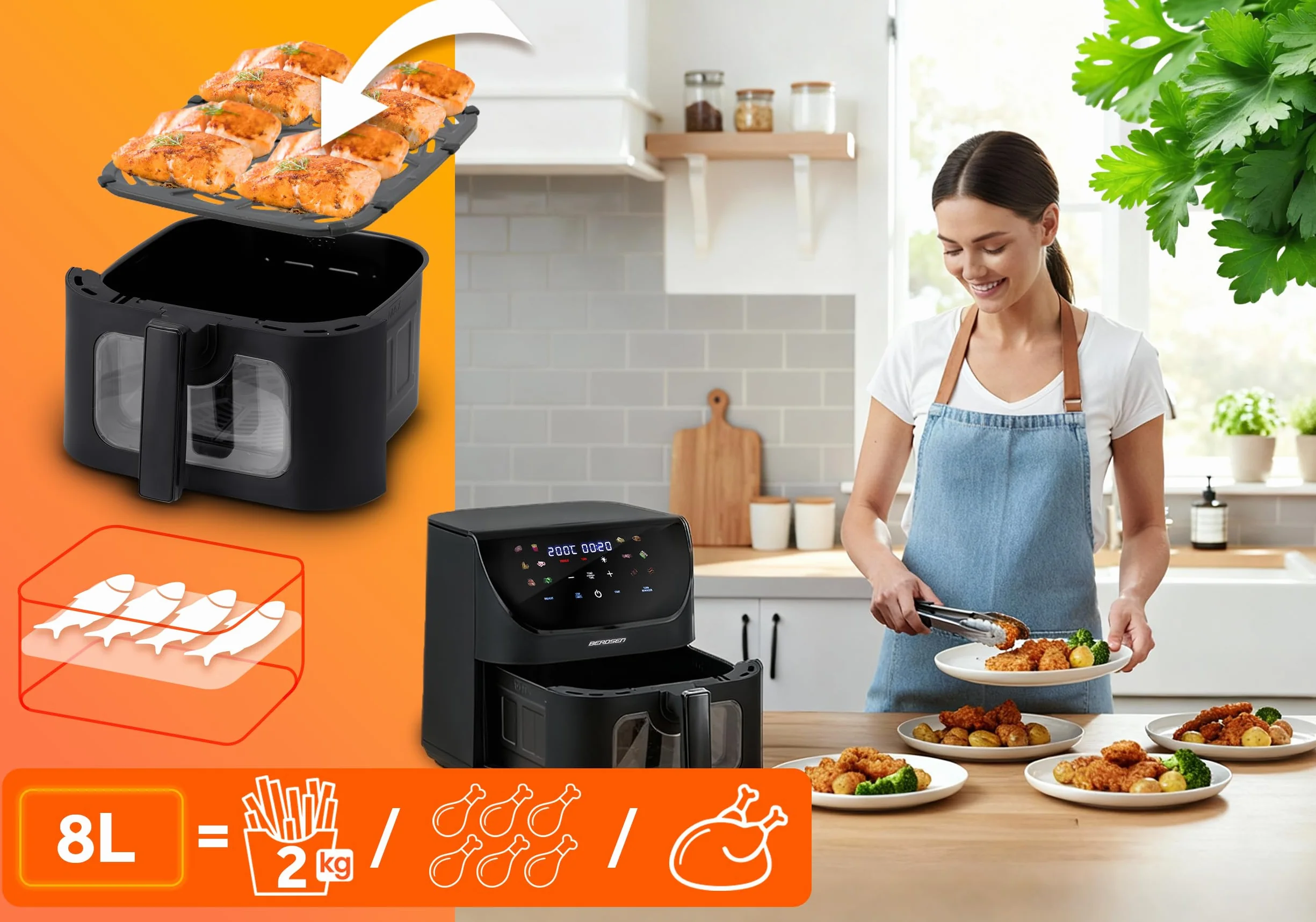 Berdsen Frytkownica Beztłuszczowa XXL 8L Airfryer z Okienkiem Ekranem Dotykowym 1700W 12 Programów Czarna