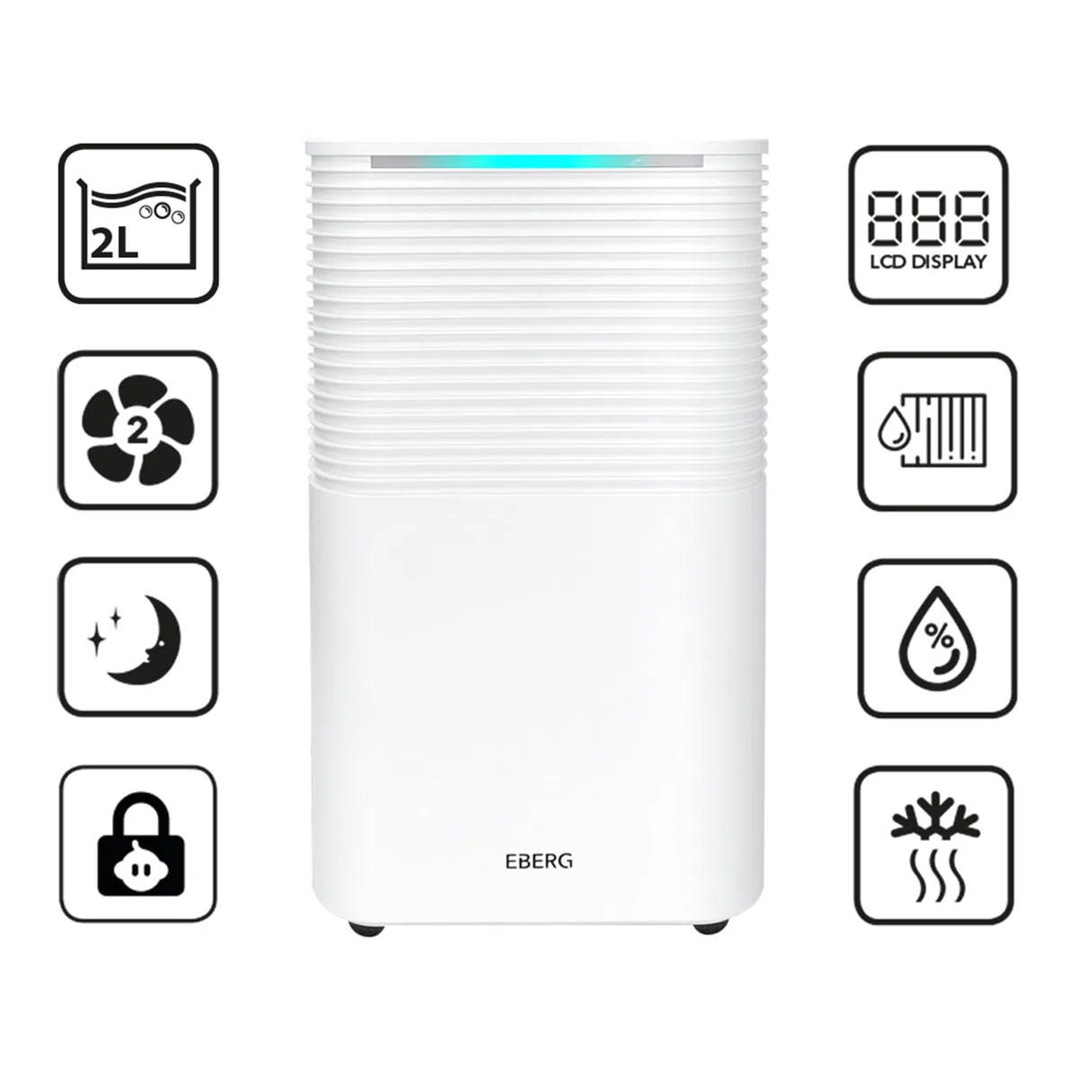 EBERG RICO WiFi osuszacz powietrza 12 l/24 h, higrostat, sterowanie aplikacją, wyświetlacz LCD, timer 24 h, drenaż ciągły, osuszacz do domu i piwnicy, biały