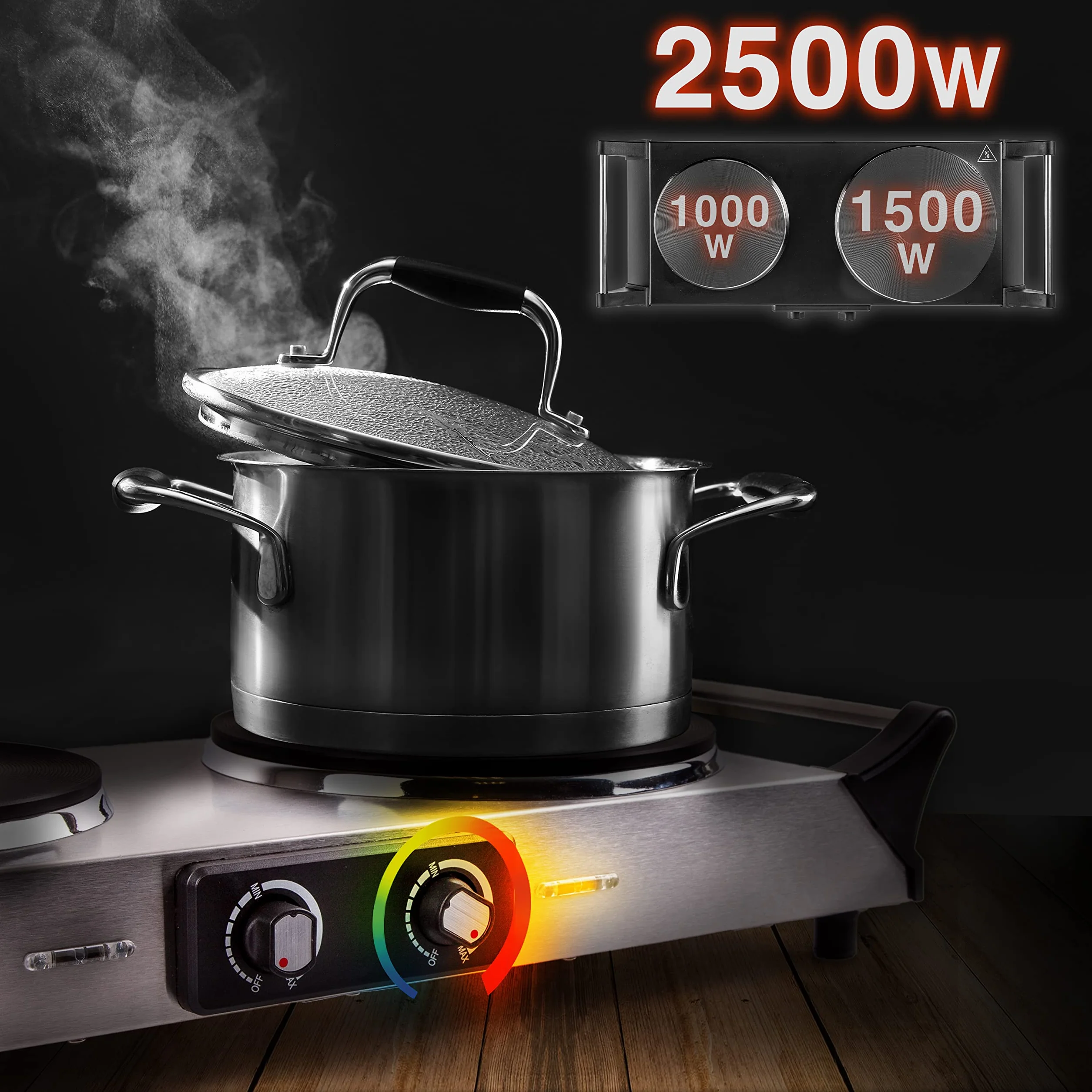 Duronic HP2 SS Płyta grzewcza dwupalnikowa 2500W stal nierdzewna przenośna kuchenka turystyczna