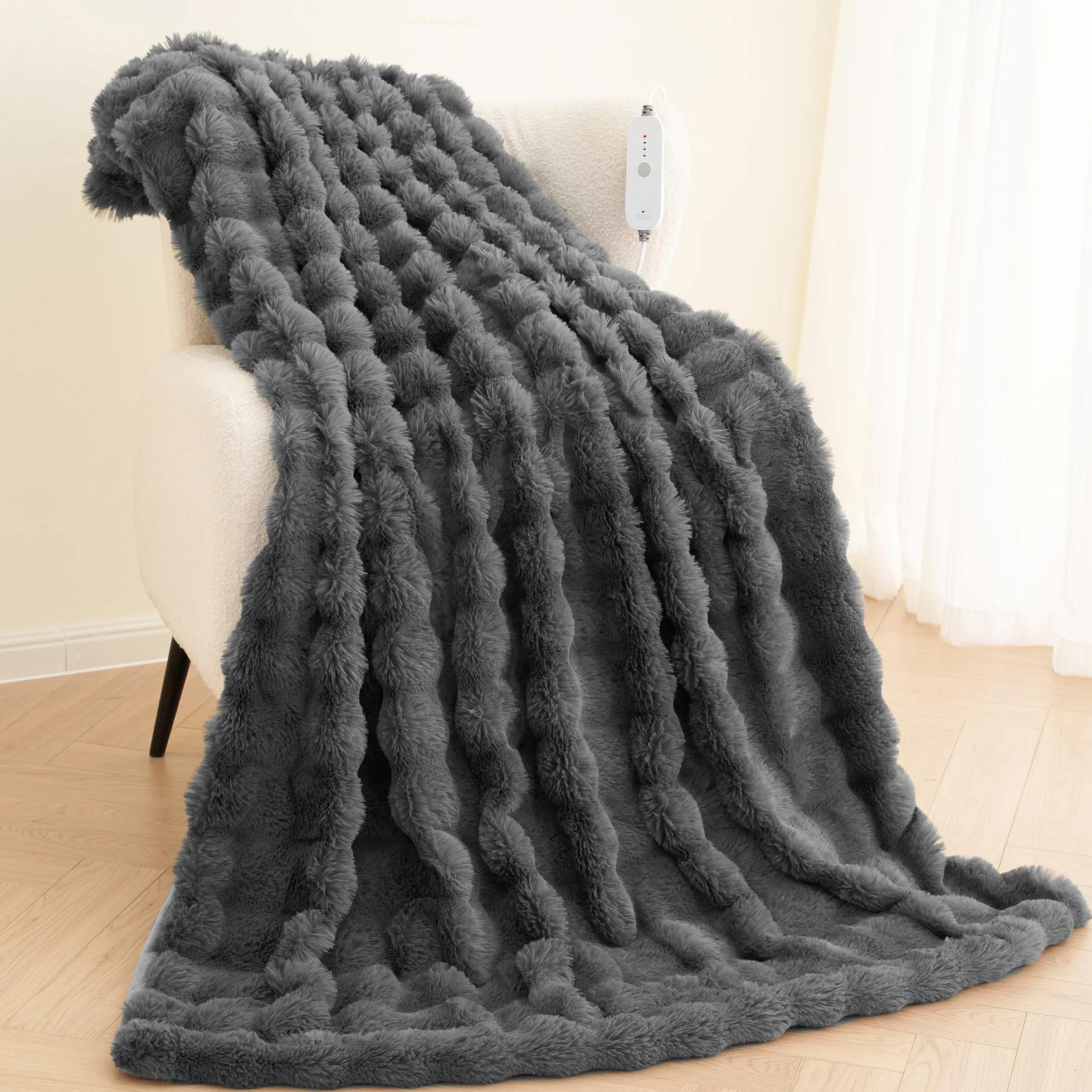 Elektryczny koc grzewczy 130x180 cm, puchaty wzór z króliczego futerka i flaneli, 4 poziomy grzania, automatyczne wyłączanie 10h, nadaje się do prania w pralce