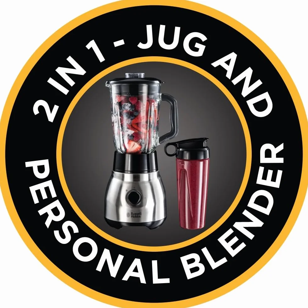 Russell Hobbs blender, blender kielichowy, pojemność 1,5l, pojemność butelki przenośnej 600ml, dwa poziomy prędkości i funkcja mielenia, moc 600W, srebny, Stainless Steel 2w1 23821-56