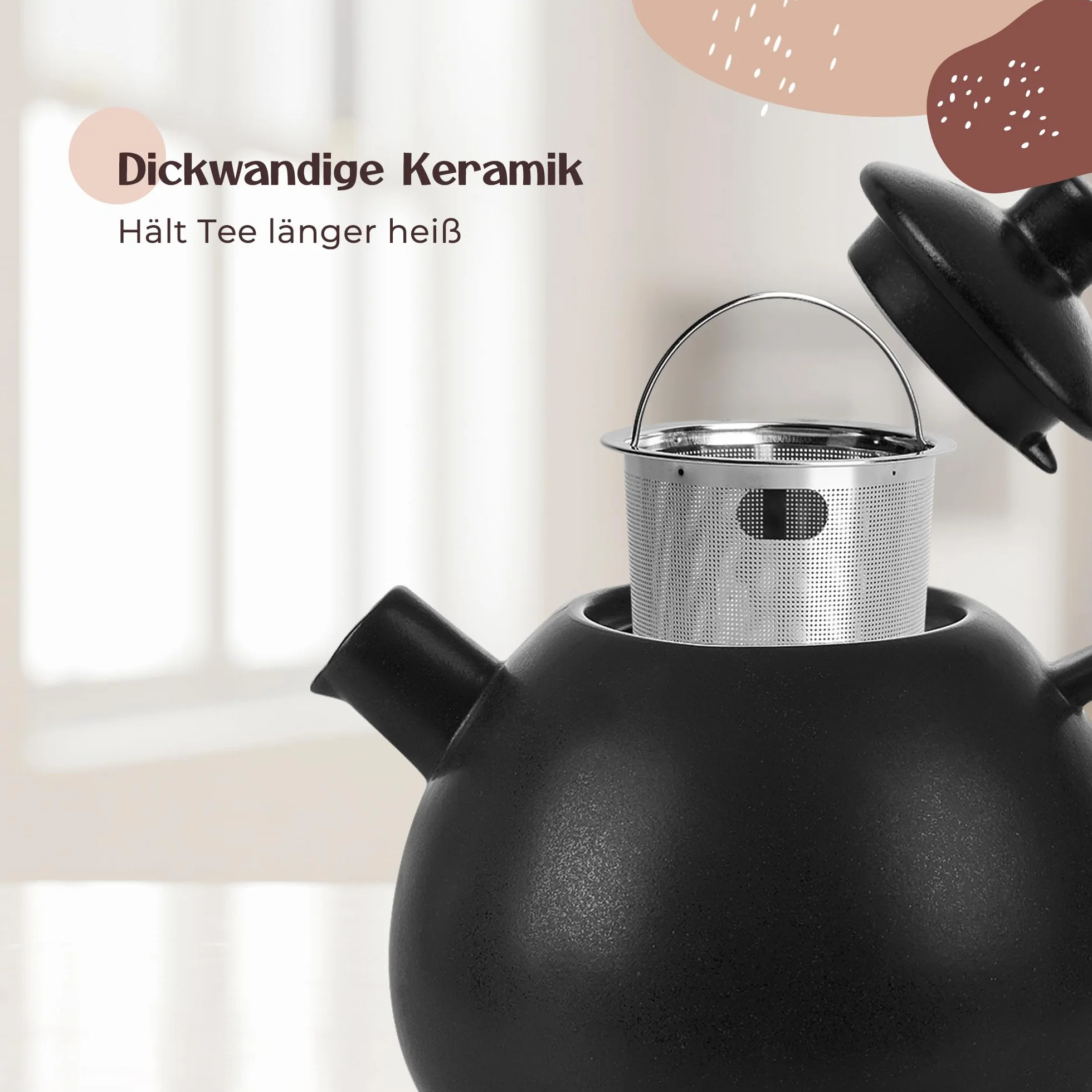 Duża dzbanka do herbaty z sitkiem - 1,4 l - dzbanka do herbaty ceramiczna - nowoczesna dzbanka do herbaty z sitkiem na luźną herbatę, trwała i neutralna w zakresie aromatu (Antracyt)