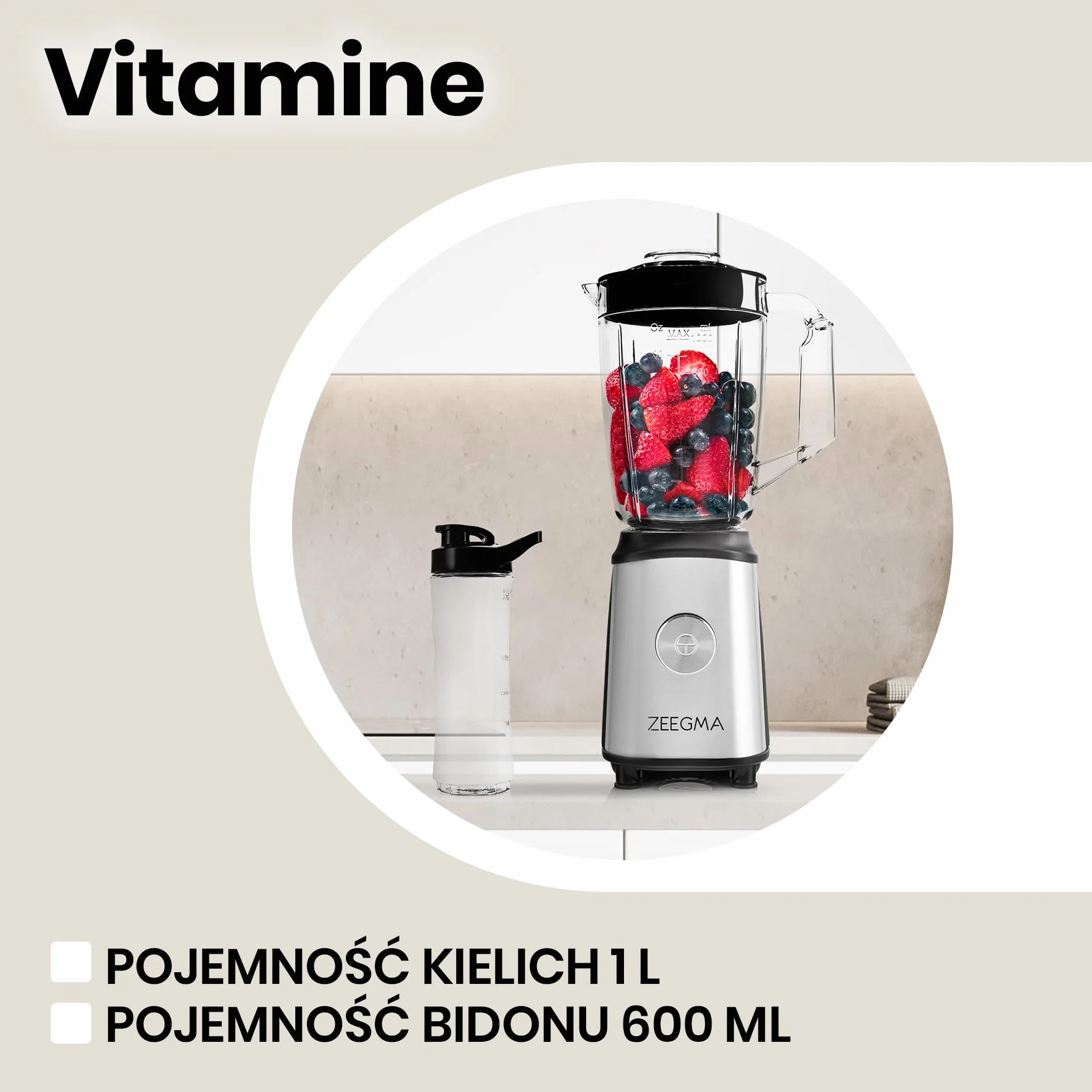 ZEEGMA Blender 4w1 1050W, Mikser z Młynkiem do Kawy, Kielich 1L, Bidony 600ml, Metalowa Obudowa, BPA Free