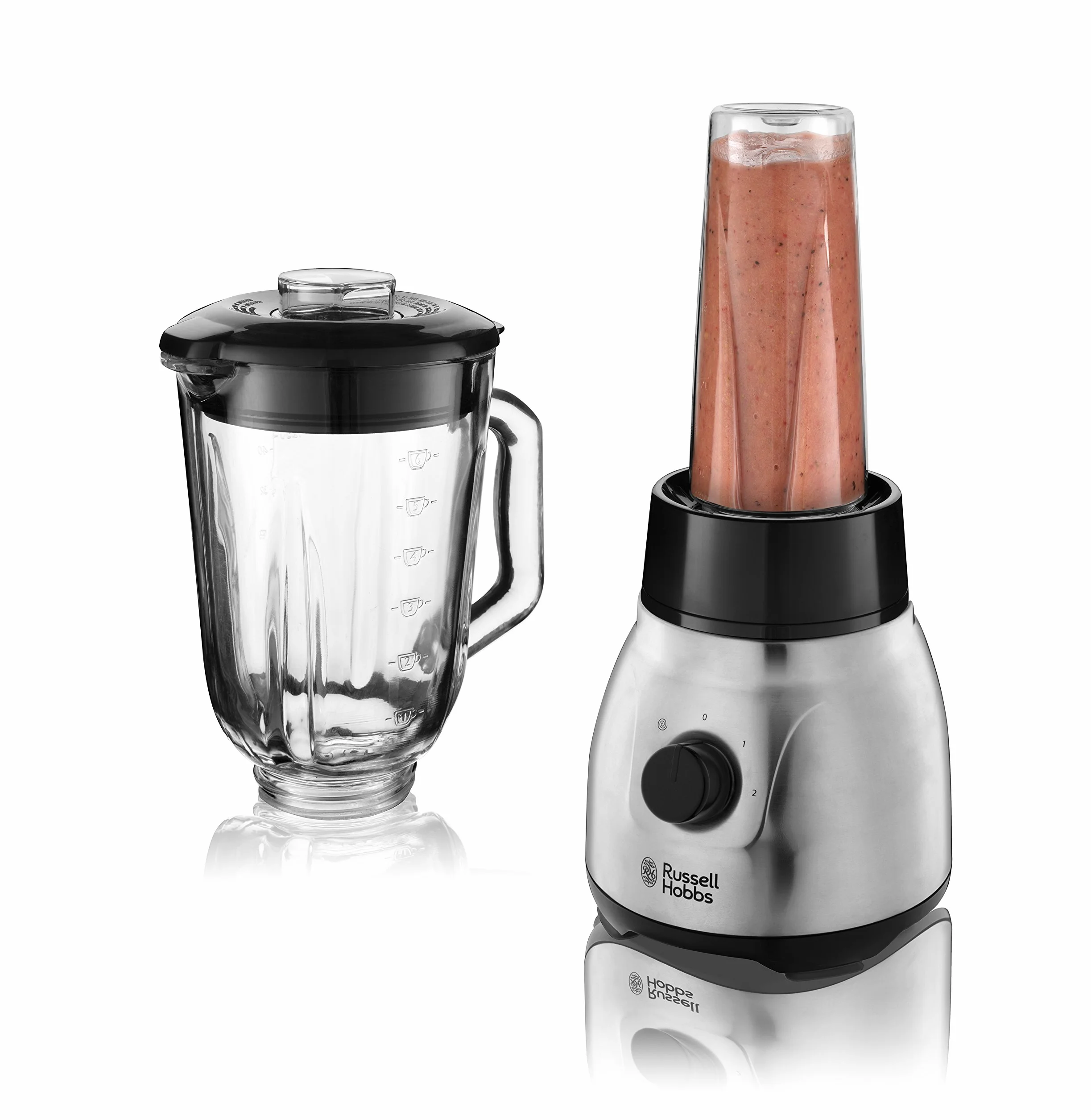 Russell Hobbs blender, blender kielichowy, pojemność 1,5l, pojemność butelki przenośnej 600ml, dwa poziomy prędkości i funkcja mielenia, moc 600W, srebny, Stainless Steel 2w1 23821-56