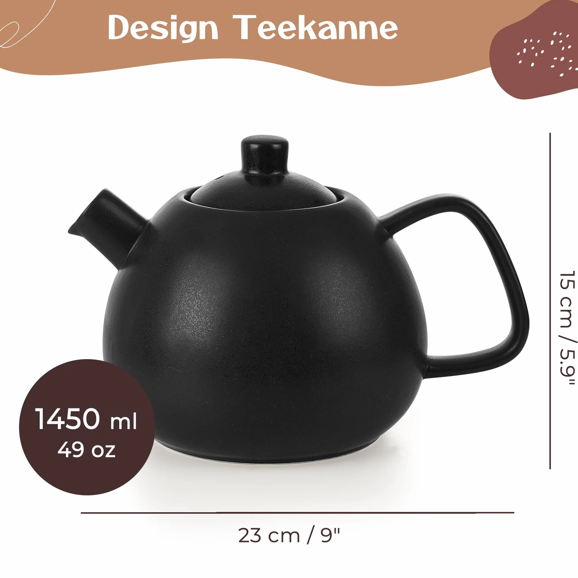 Duża dzbanka do herbaty z sitkiem - 1,4 l - dzbanka do herbaty ceramiczna - nowoczesna dzbanka do herbaty z sitkiem na luźną herbatę, trwała i neutralna w zakresie aromatu (Antracyt)
