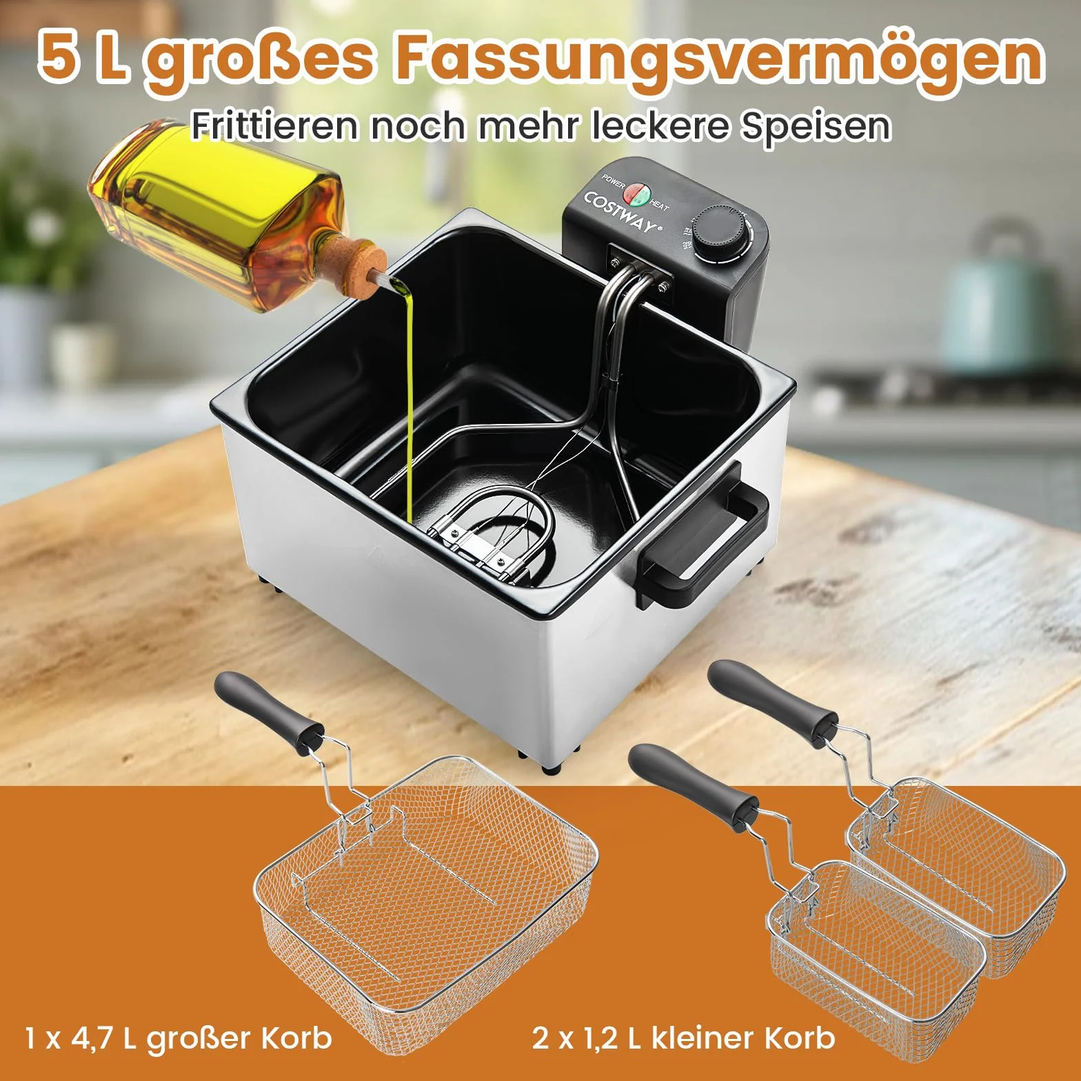COSTWAY Elektryczna frytkownica olejowa 2000 W, 5 l, stal nierdzewna, 3 kosze, regulowana temperatura i pokrywa okienna, frytkownica na tłuszcz do kuchni i użytku domowego