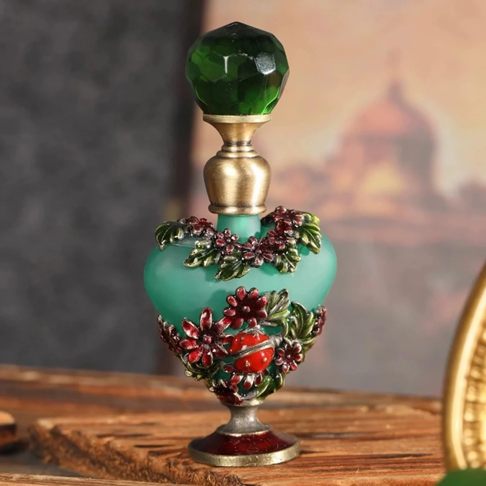 Butelka na perfumy w stylu vintage, Zielony pusty 5ml Vintage Emerald Frosted Glass Rzeźbiony kwiat Gem Cap Wkładany olejek eteryczny Ręcznie robiony przyrząd kosmetyczny