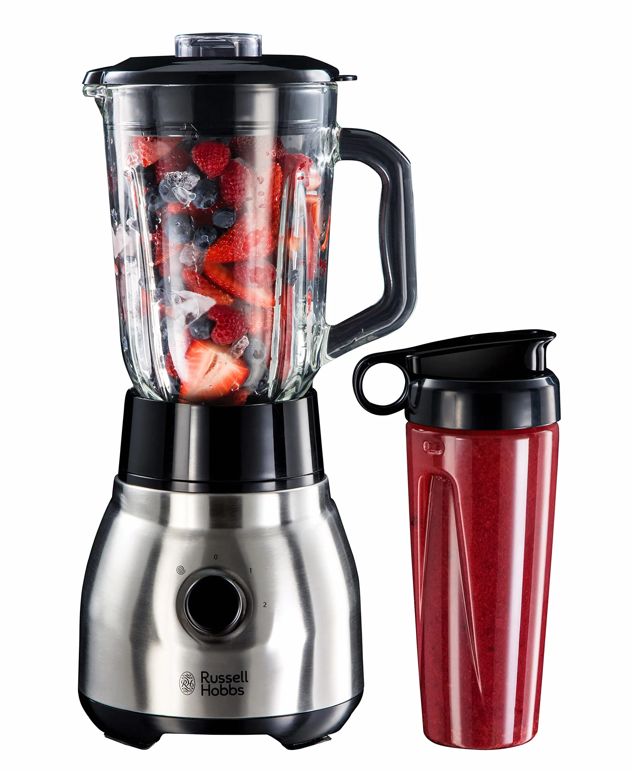 Russell Hobbs blender, blender kielichowy, pojemność 1,5l, pojemność butelki przenośnej 600ml, dwa poziomy prędkości i funkcja mielenia, moc 600W, srebny, Stainless Steel 2w1 23821-56
