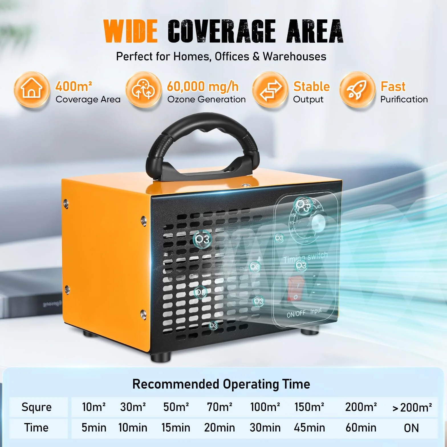 Generator ozonu 60000 mg/h 400 m² oczyszczacz powietrza O3 z timerem 60 min czarny
