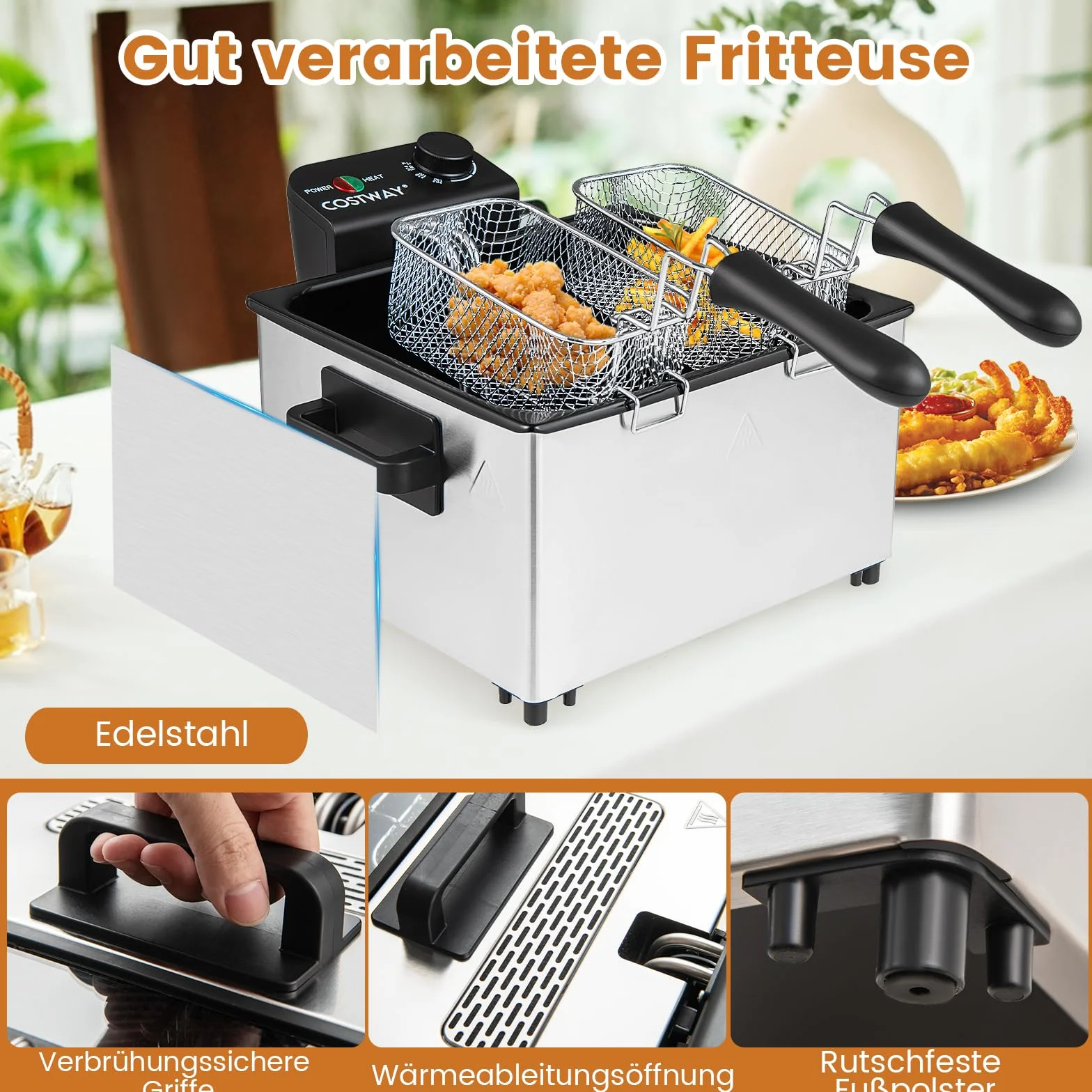 COSTWAY Elektryczna frytkownica olejowa 2000 W, 5 l, stal nierdzewna, 3 kosze, regulowana temperatura i pokrywa okienna, frytkownica na tłuszcz do kuchni i użytku domowego