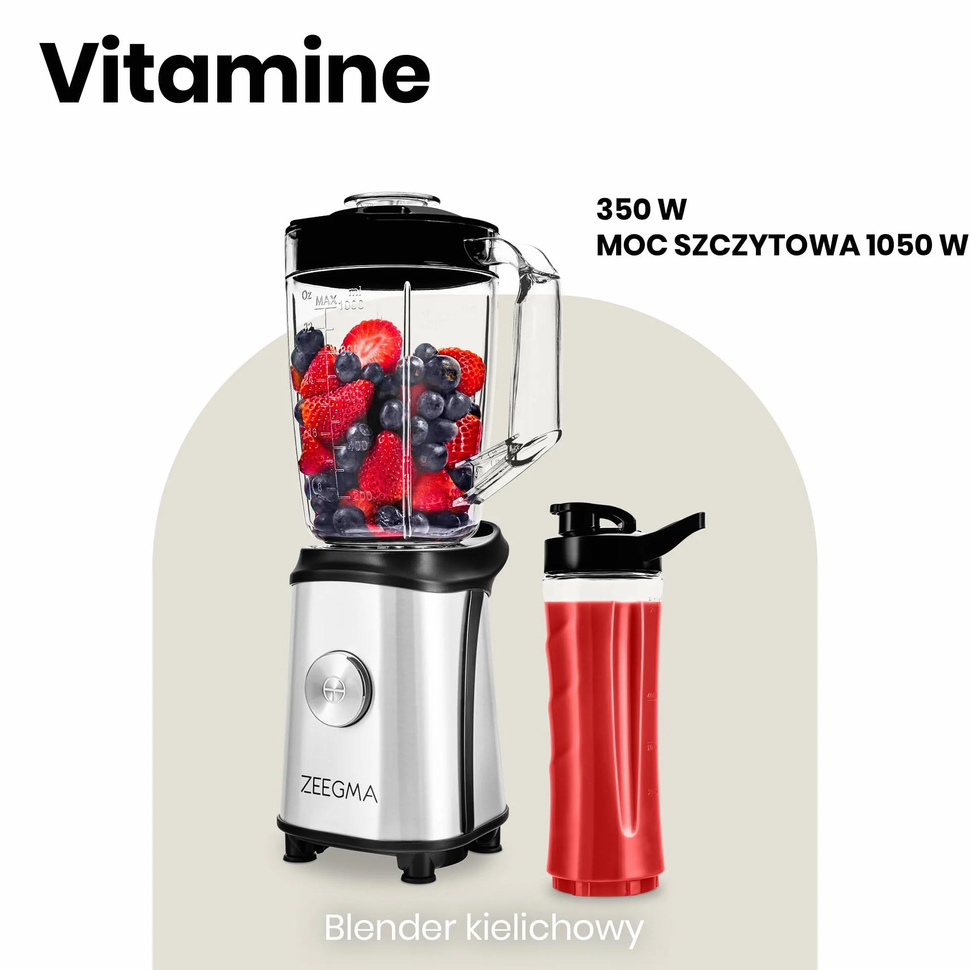 ZEEGMA Blender 4w1 1050W, Mikser z Młynkiem do Kawy, Kielich 1L, Bidony 600ml, Metalowa Obudowa, BPA Free