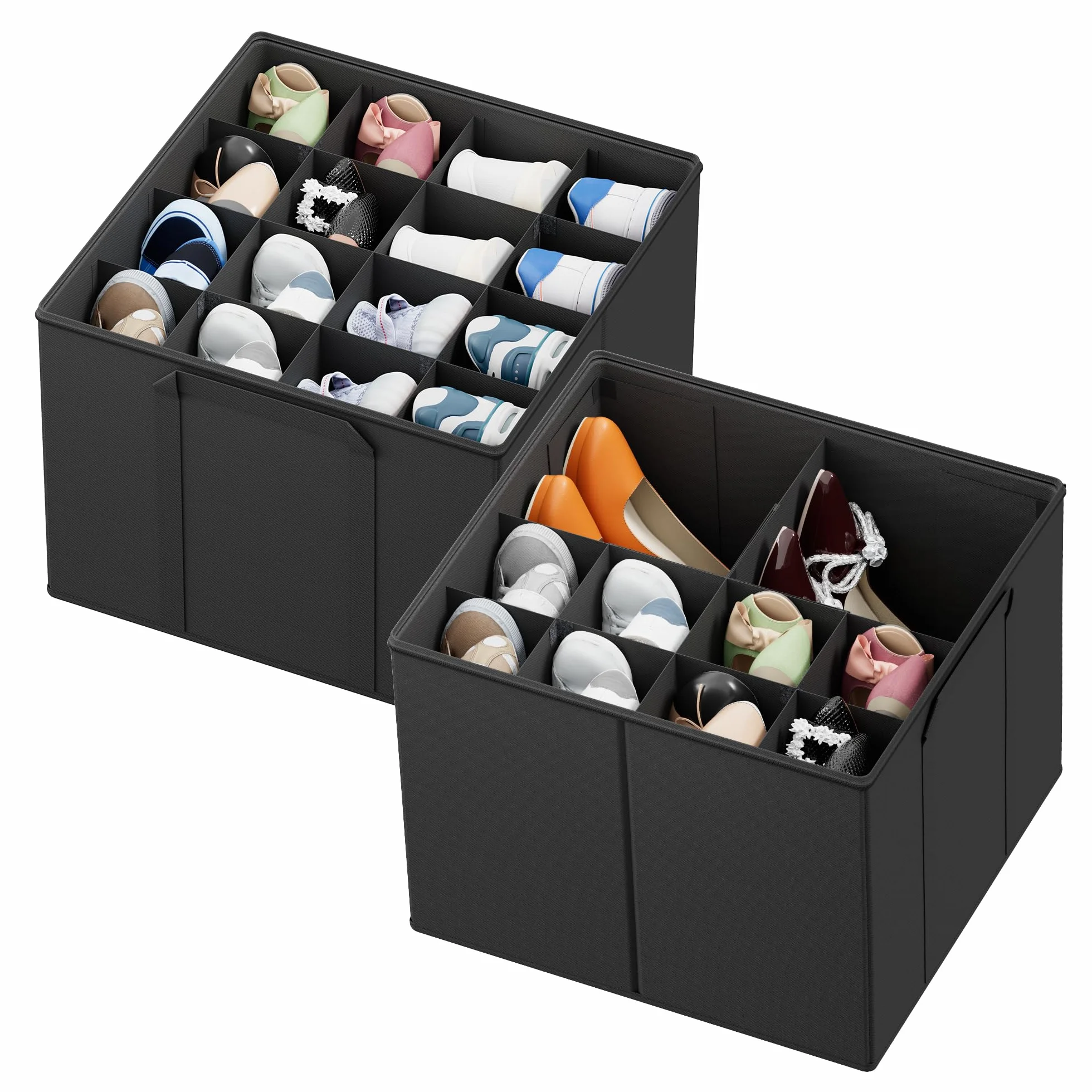SpaceAid Organizer na buty do szafy, 2 sztuki, składane pojemniki do przechowywania butów, kosze z regulowanymi przegrodami, pasuje do 16-32 par, czarny