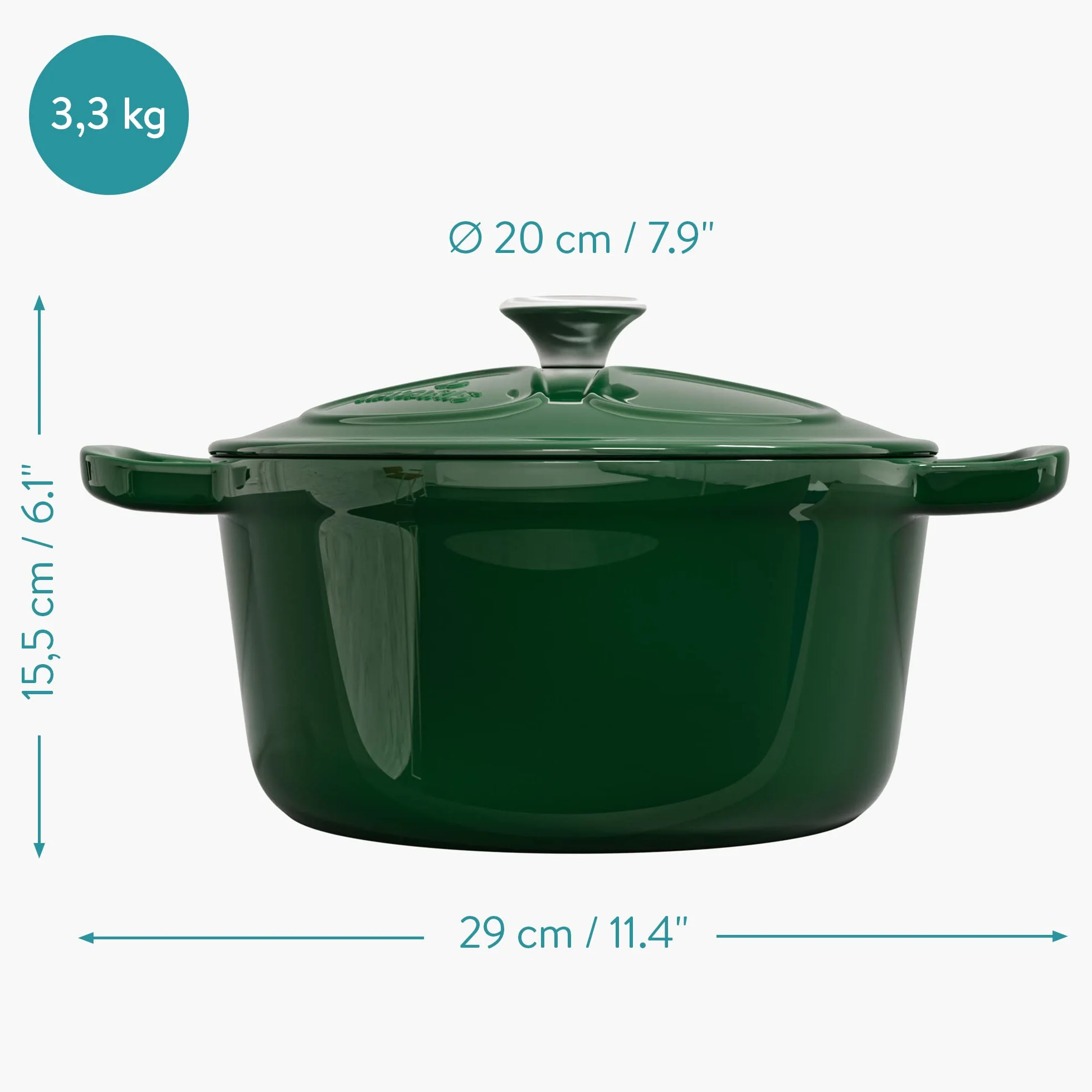 Navaris Żeliwny garnek, garnek do smażenia, 2,5 l, Ø 20 cm, emaliowany, odporny na temperaturę, nadaje się do mycia w zmywarce - wszystkie potrawy i powierzchnie do gotowania - zielony