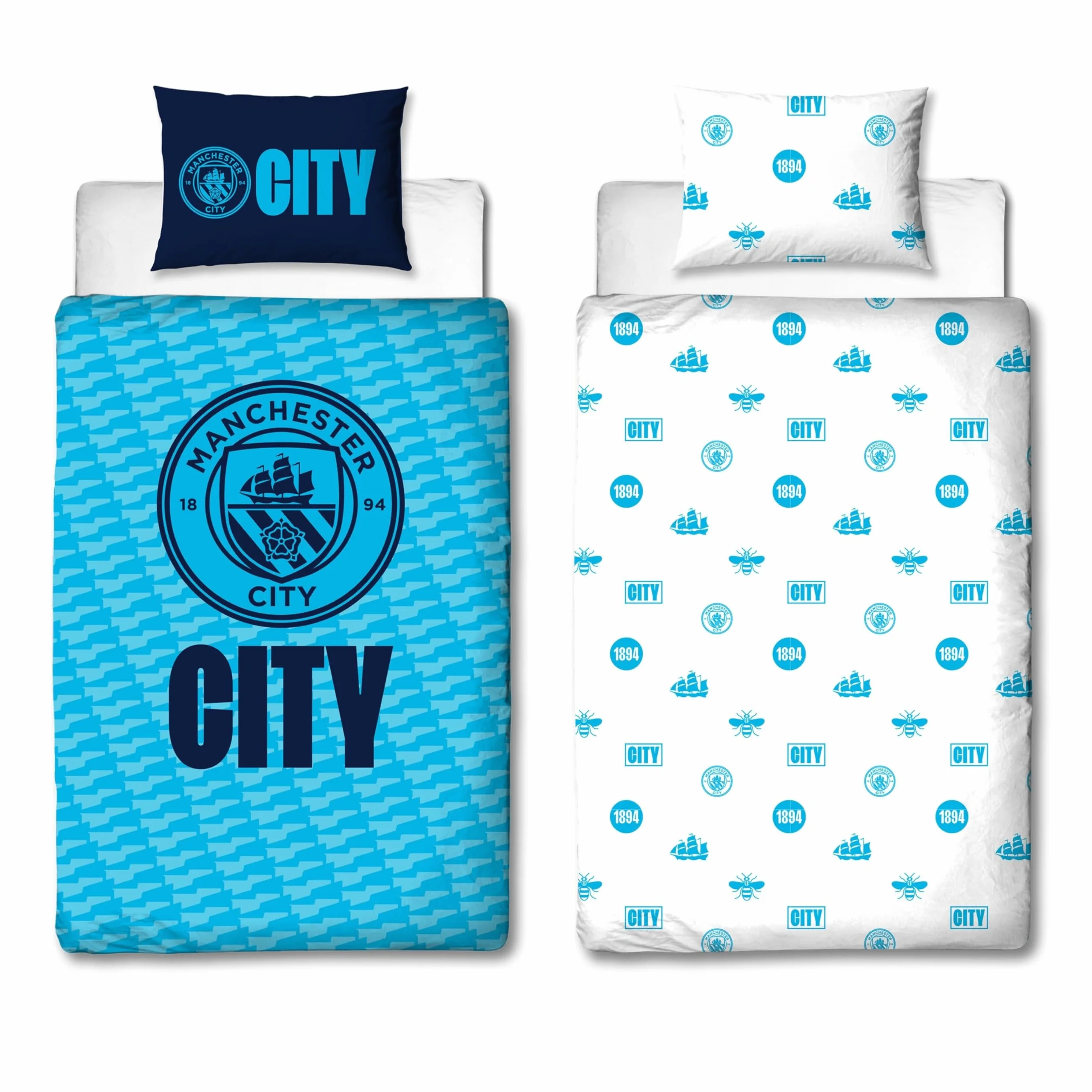 Manchester City Oficjalny Zestaw Poszewek na Kołdrę FC Character World Crestcol Niebieska Dwustronna Piłkarska