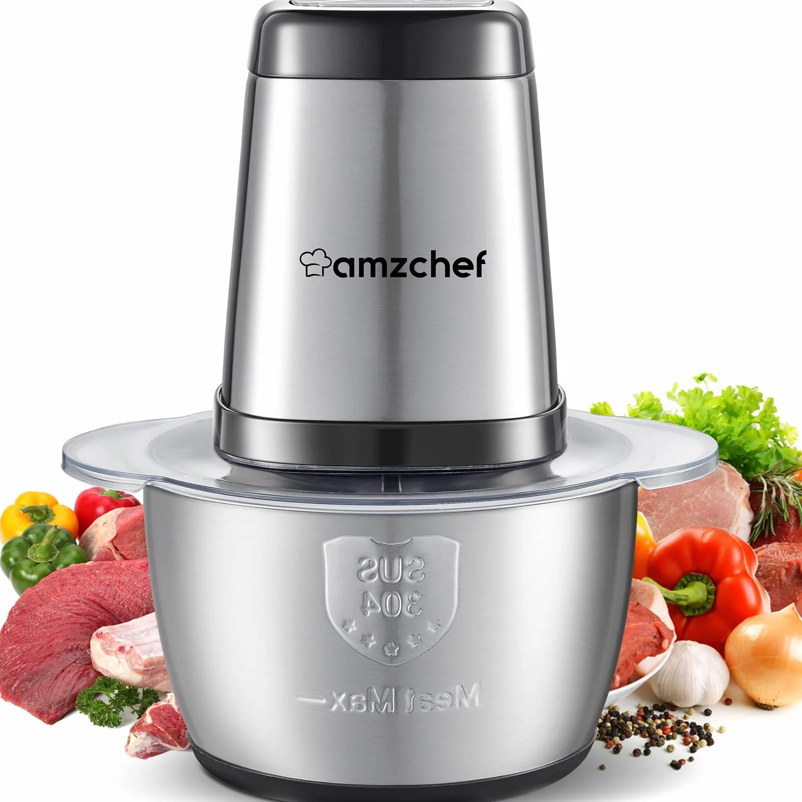 AMZCHEF Elektryczny rozdrabniacz kuchenny o mocy 500 W z misą ze stali nierdzewnej o pojemności 1,5 l, 2 ustawieniami prędkości, 4 ostrzami, funkcją bezpieczeństwa