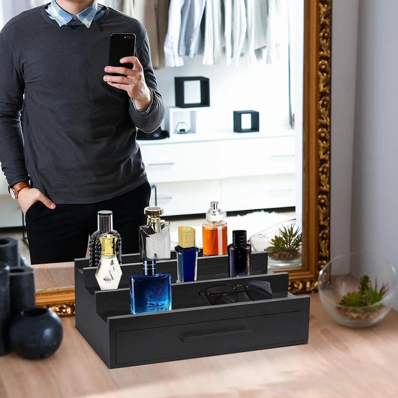 Drewniana taca na perfumy czarny organizer stojak męski elegancka wielofunkcyjna
