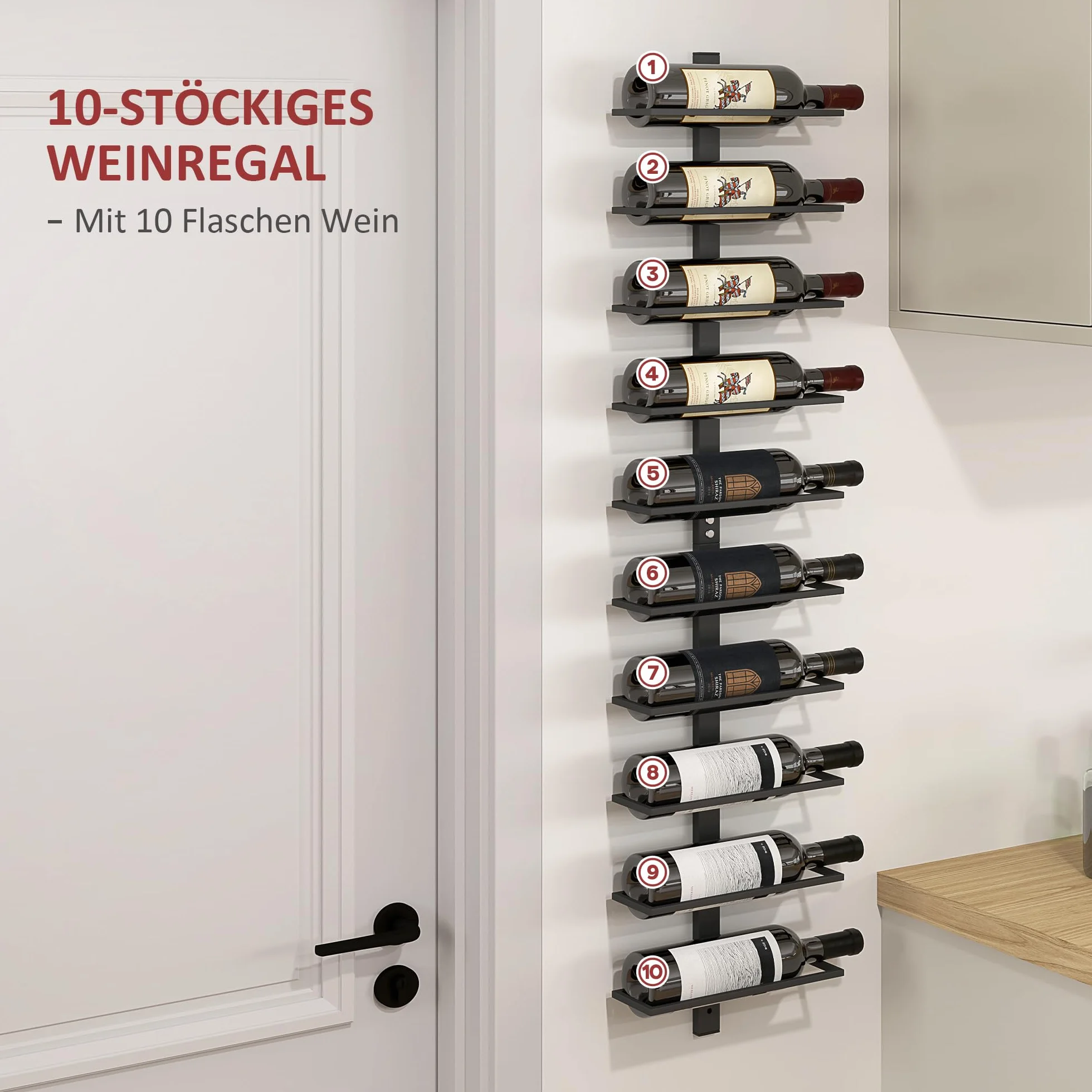 HOMCOM regał do przechowywania 10 butelka wino, uchwyt do montażu na ścianie, stal, kuchnia, jadalnia, czarny