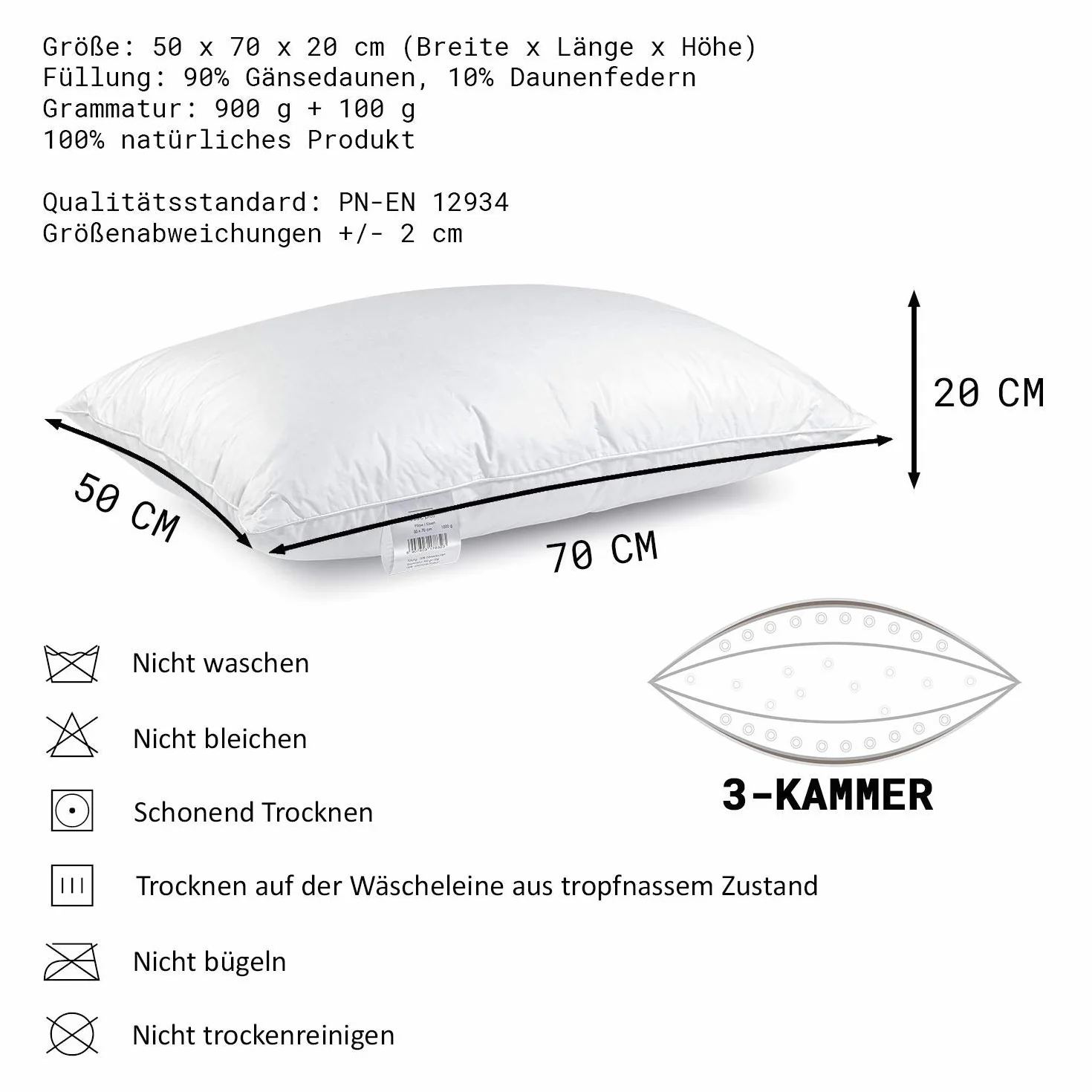 H&F Heimtextilien Jakość premium, poduszka 50 x 70 cm, 1000 g, puch gęsi, 100% naturalny, trójkomorowa poduszka, poszewka: 100% bawełna, 3-komorowa poduszka puchowa, certyfikat Oeko-TEX