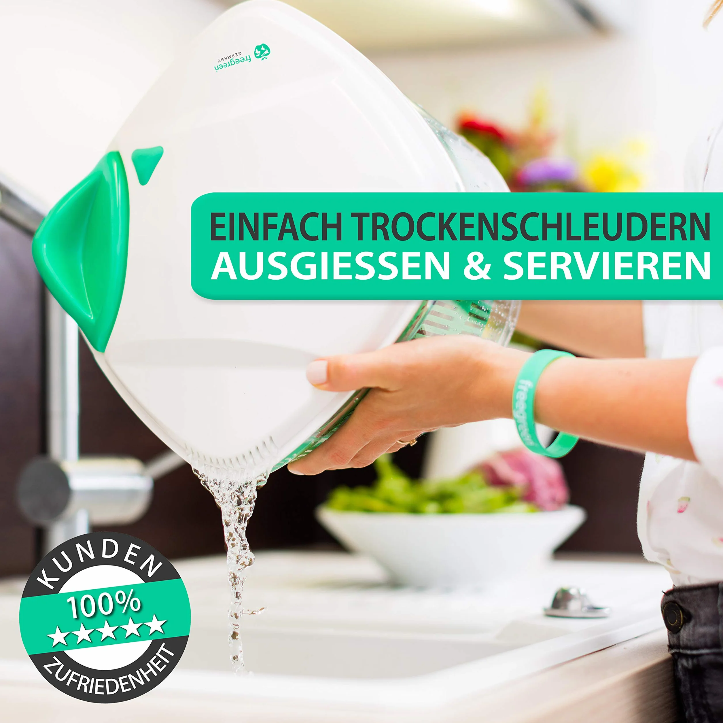 Freegreen Germany wirówka do sałaty 5 l z opatentowanym mechanizmem ciągnącym