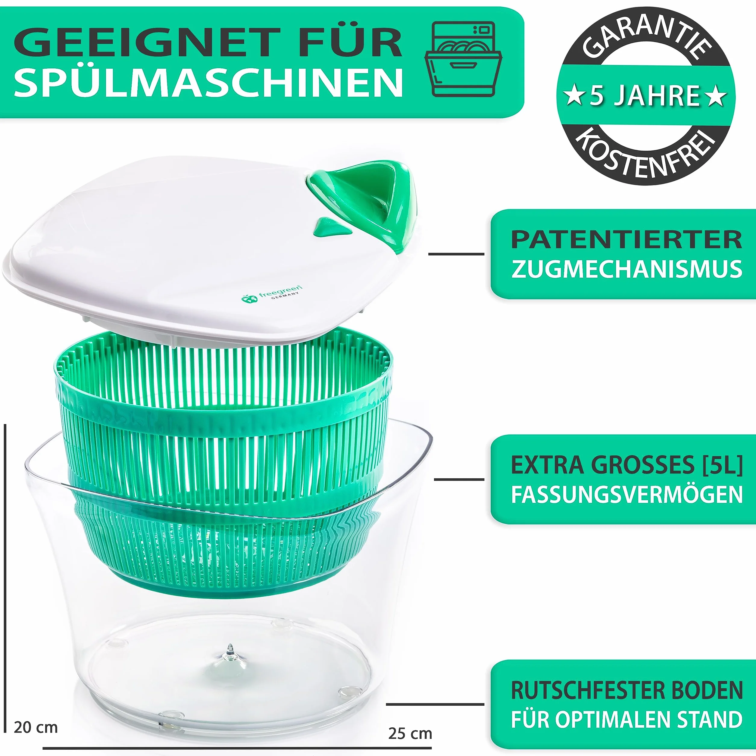 Freegreen Germany wirówka do sałaty 5 l z opatentowanym mechanizmem ciągnącym