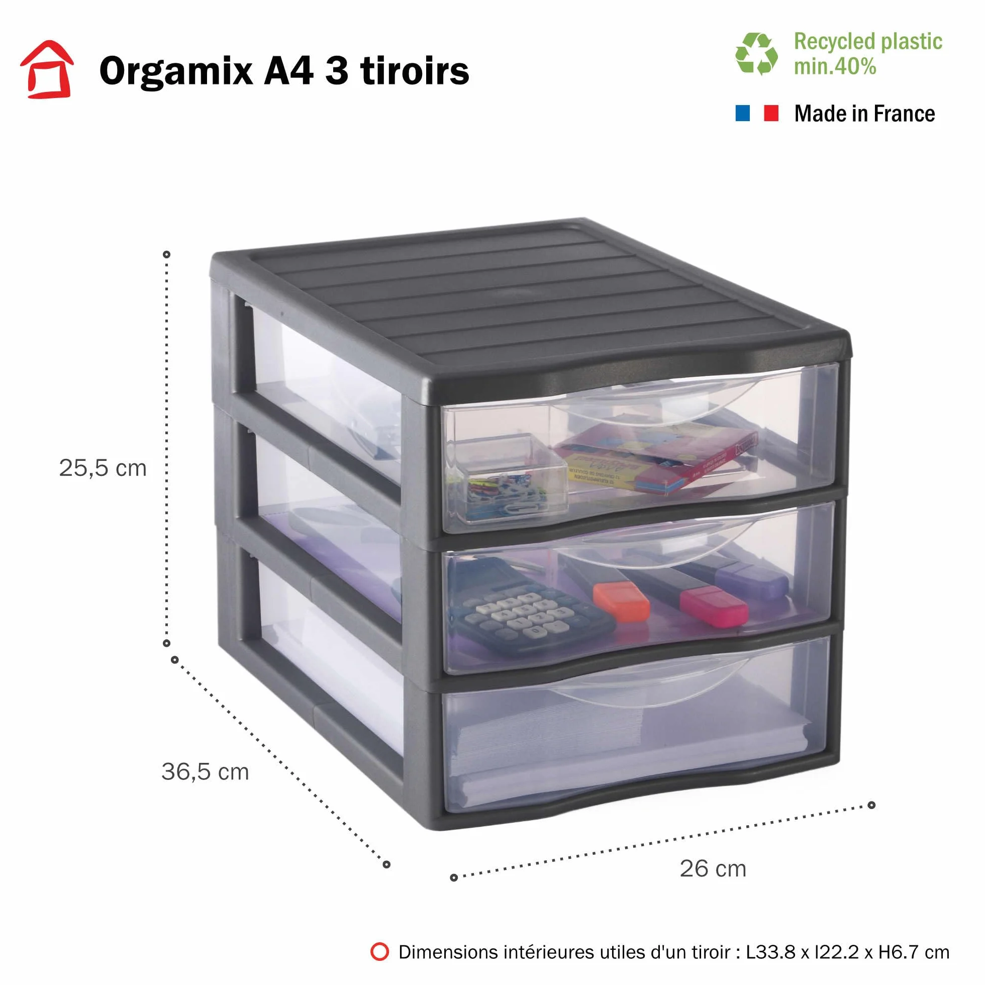 SUNDIS Orgamix, zestaw 2 plastikowych wież do przechowywania, kolor szary, 3 przezroczyste szuflady w formacie DIN A4, wysokość 25,5 cm, możliwość nakładania na siebie, idealne do przechowywania
