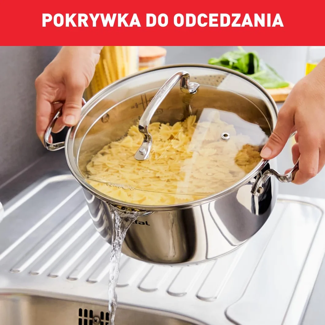 TEFAL A70544 Duetto Garnek, 20 cm, stal nierdzewna, do wszystkich kuchenek, grube dno indukcyjne, miarka wewnątrz garnka, boczne profile, nitowane uchwyty, Srebrny