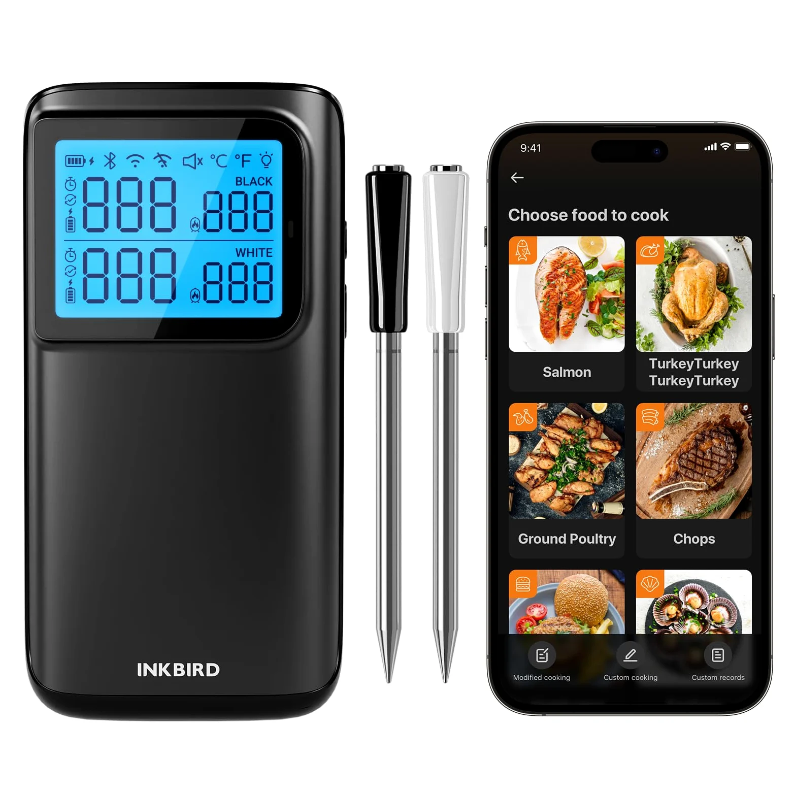 INKBIRD INT-12E-BW termometr do mięsa bezprzewodowy, WiFi 5G i Bluetooth 5.4 termometr do grilla, 2 sondy z 5 sensorami termometr do smażenia do BBQ, grilla, piekarnika, kuchni, pieca Rotisserie
